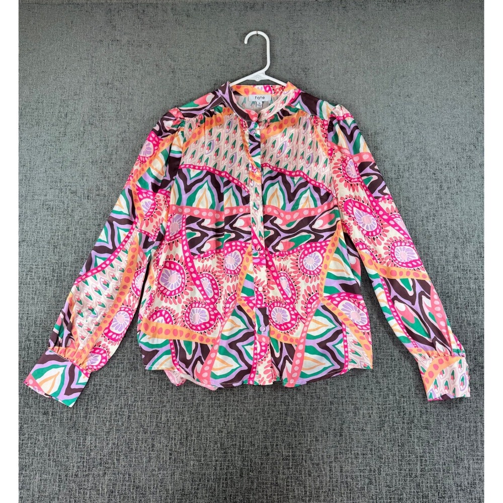 Fate Womens Abstract Geometric Print Button Down Blouse Pink Orange Green Small